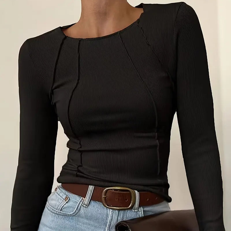 Women's long-sleeve ribbed knit T-shirt with exposed seams