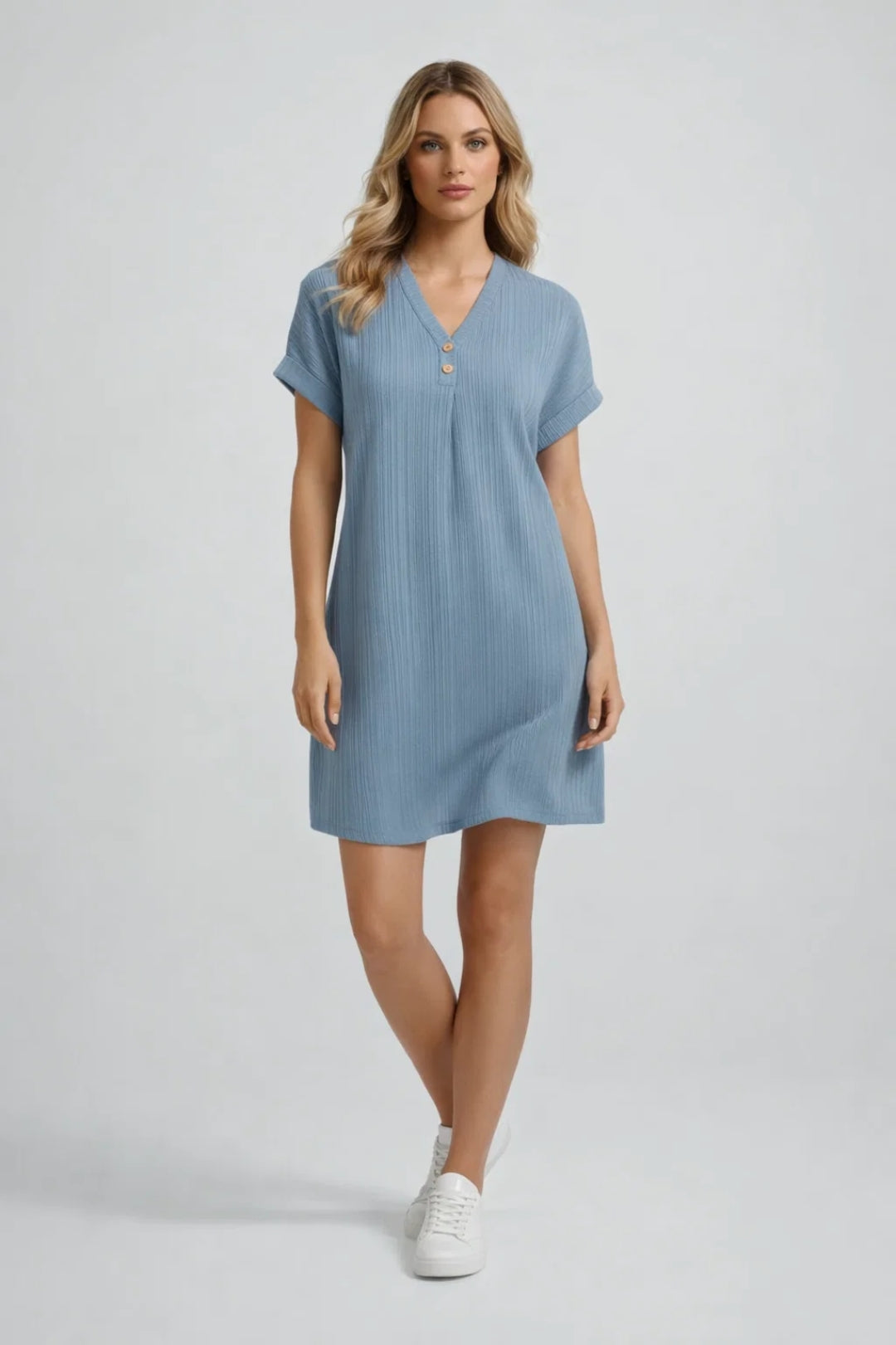 Robe Courte Décontractée à Col en V et Manches Mi-Longues en Maille Côtelée