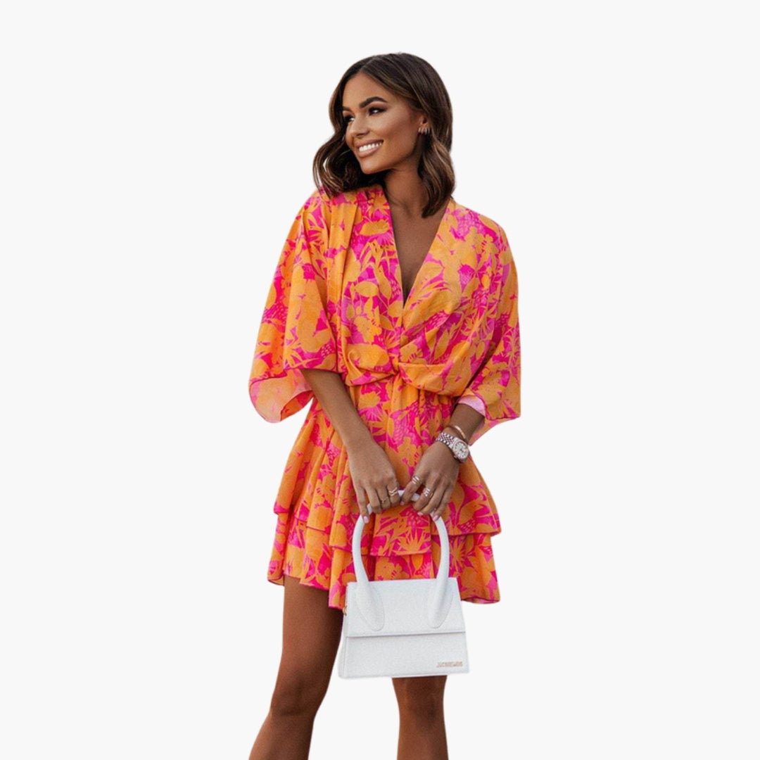 Robe Courte Imprimée avec Ourlet à Volants Col V et Manches Chauve-souris pour Femme