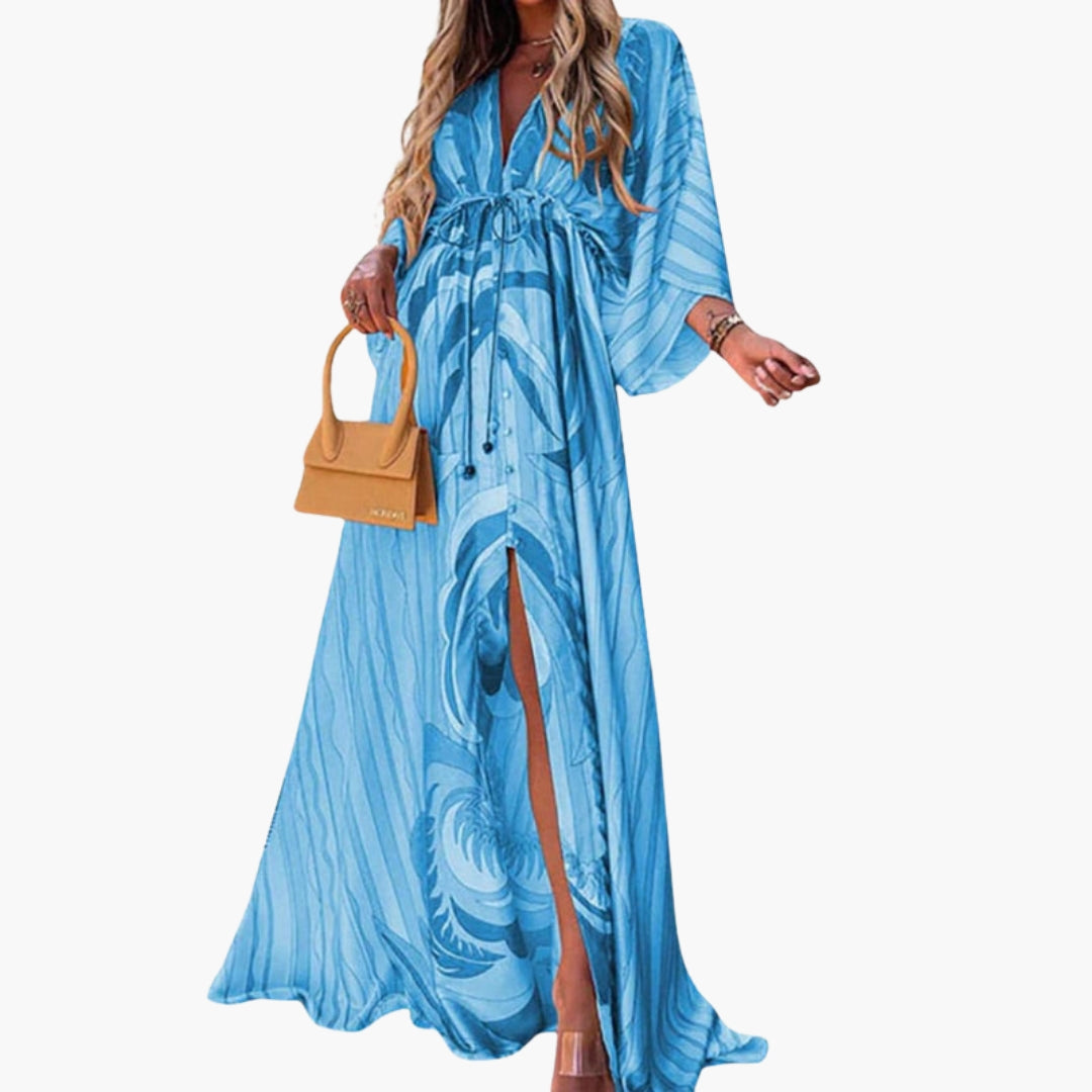 Robe Longue de Plage Imprimée à Col V et Manches Chauve-souris Style Bohème pour Femme