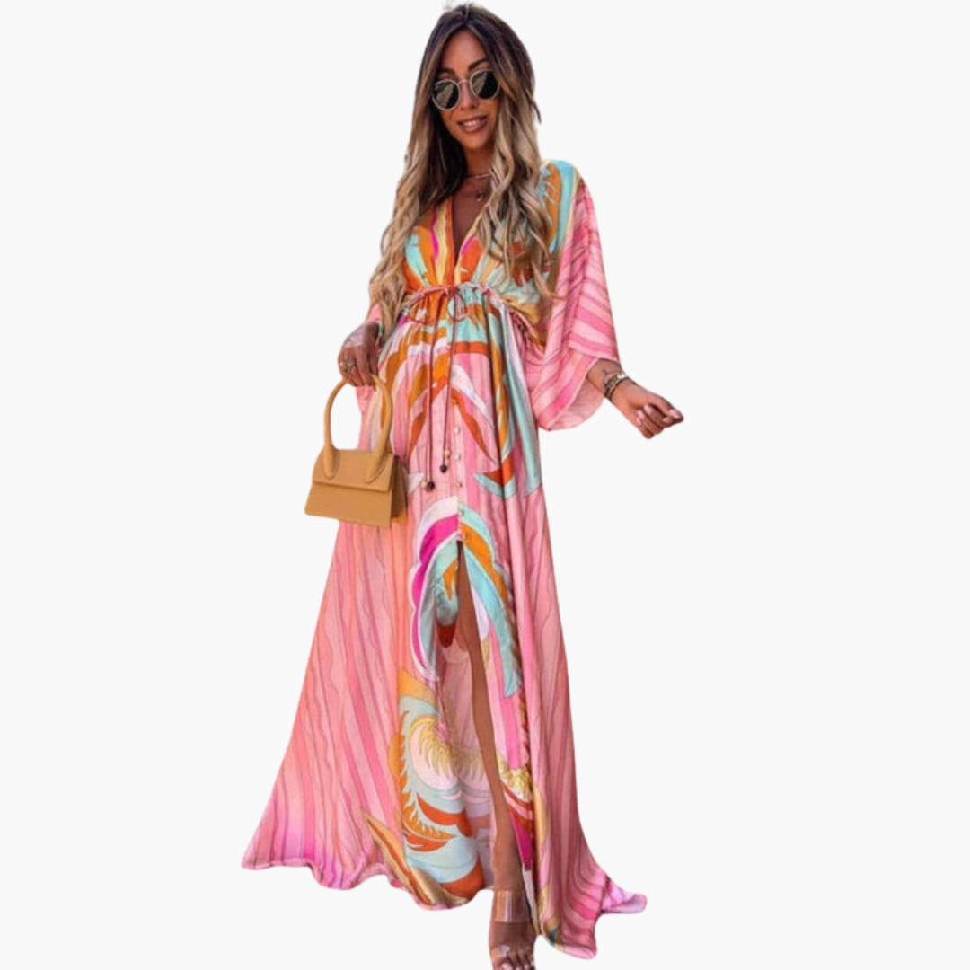 Robe Longue de Plage Imprimée à Col V et Manches Chauve-souris Style Bohème pour Femme