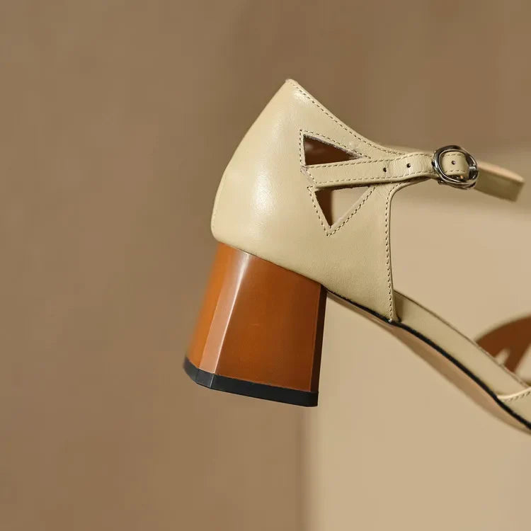 Open Sheepskin Pumps with Block Heel and Square Toe