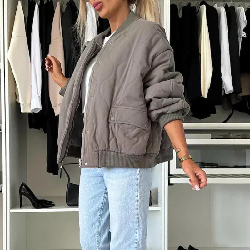 Giubbotto Bomber Imbottito con Chiusura Lampo e Bottoni da Donna