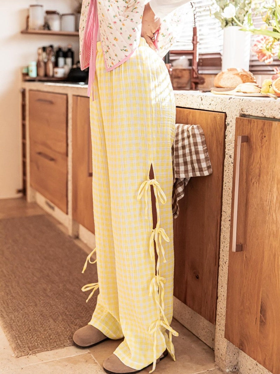 Pantalon Large à Imprimé Carreaux avec Lacets Latéraux et Taille Élastique pour Femme
