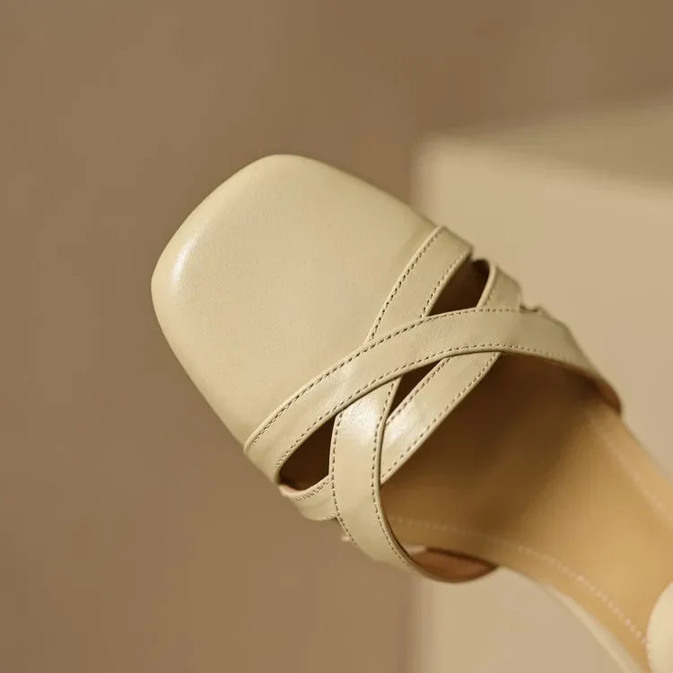 Open Sheepskin Pumps with Block Heel and Square Toe