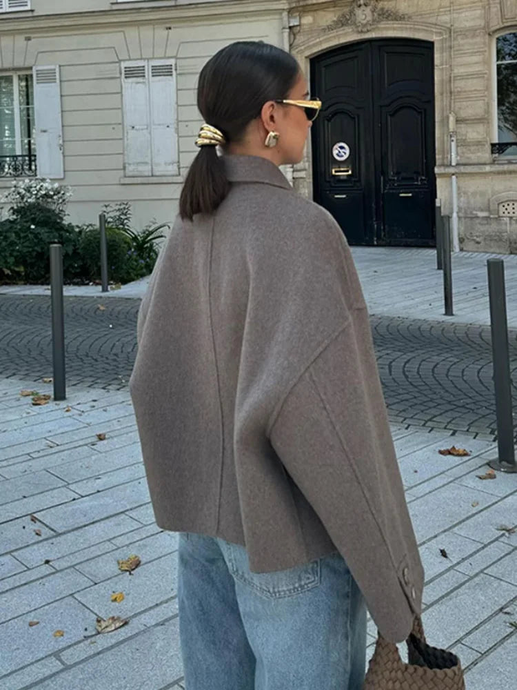 Veste Courte en Mélange de Laine à Col Rabattu et Fermeture Éclair pour Femme