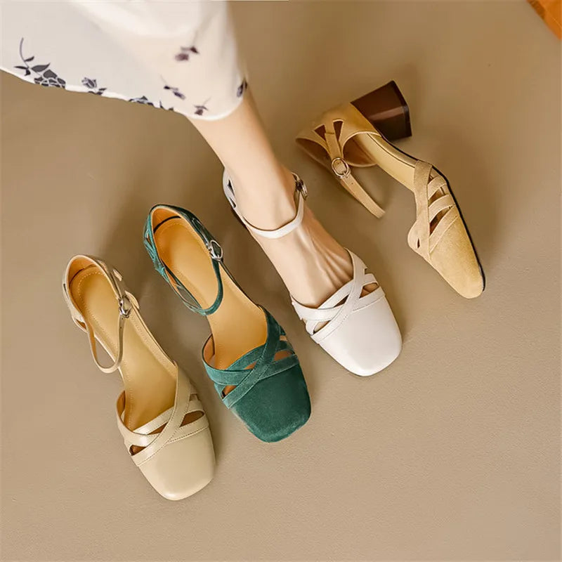 Open Sheepskin Pumps with Block Heel and Square Toe