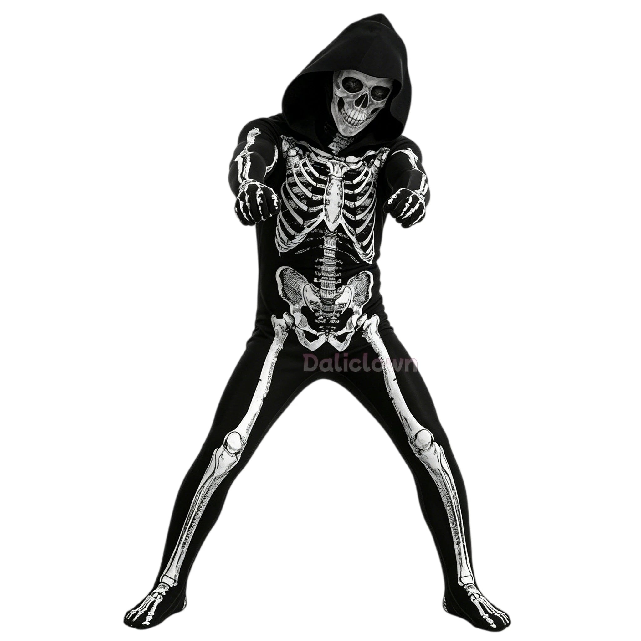 Strašidelný halloweenský cosplayový overal s kapucí a kostrou pro chlapce i dívky