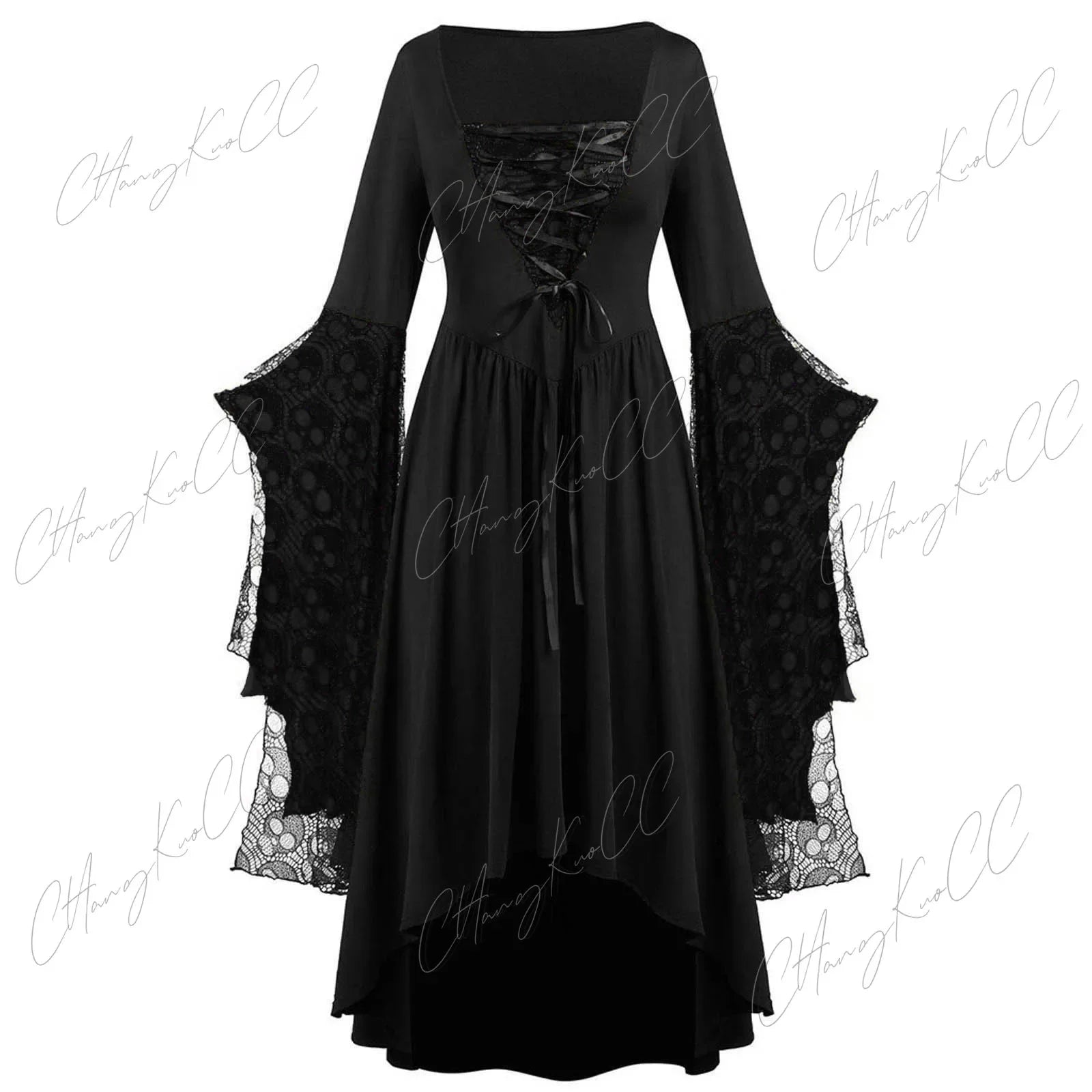 Women's Gothic Halloween Cosplay Witch Dress with Lace Sleeves for Adults