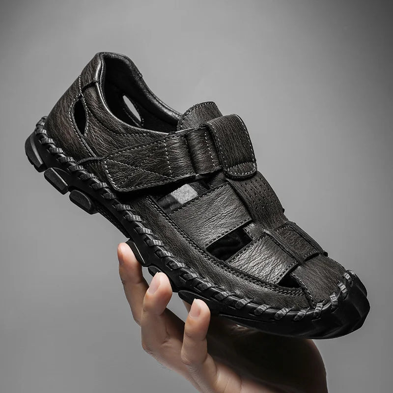 Sandales de Marche en Cuir avec Fermeture à Scratch et Semelle en Caoutchouc pour Homme
