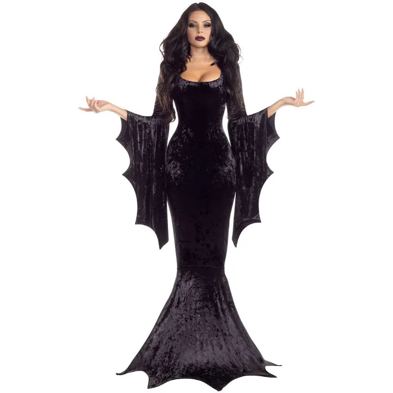 Dámské dlouhé gotické šaty na Halloween a cosplay s vlečkou a netopýřími rukávy