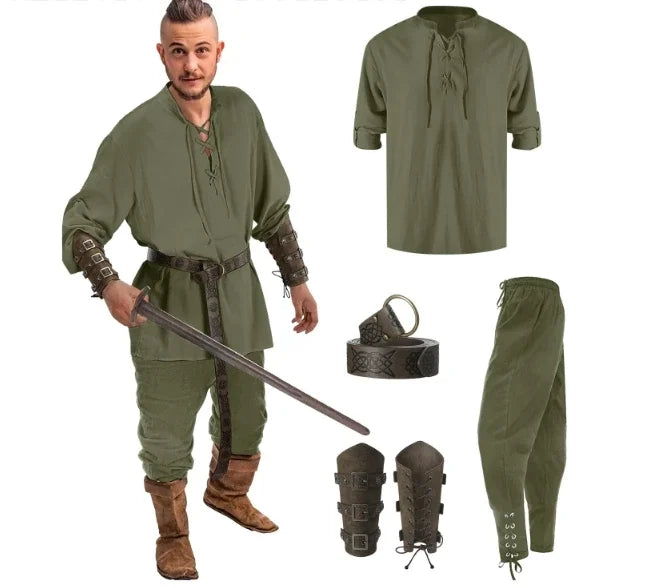 Pánský set košile a kalhot v medievalním stylu na Halloween cosplay s vikingským opaskem