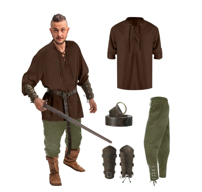Pánský set košile a kalhot v medievalním stylu na Halloween cosplay s vikingským opaskem