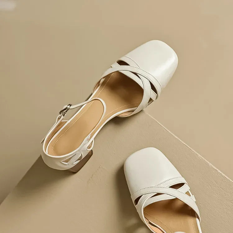 Open Sheepskin Pumps with Block Heel and Square Toe