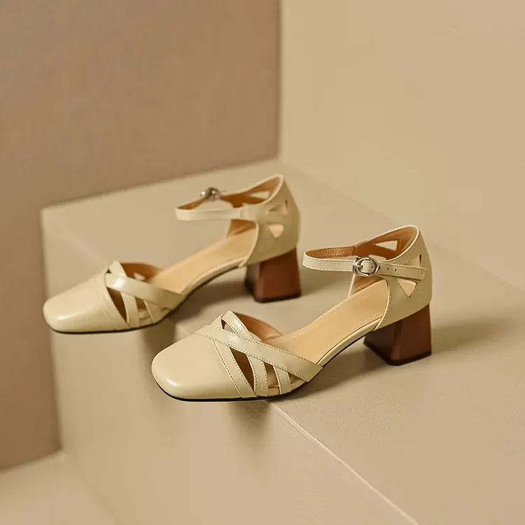 Open Sheepskin Pumps with Block Heel and Square Toe