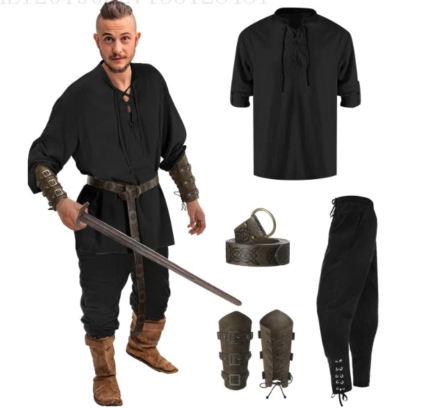 Pánský set košile a kalhot v medievalním stylu na Halloween cosplay s vikingským opaskem