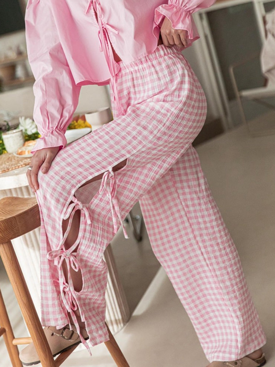 Pantalon Large à Imprimé Carreaux avec Lacets Latéraux et Taille Élastique pour Femme