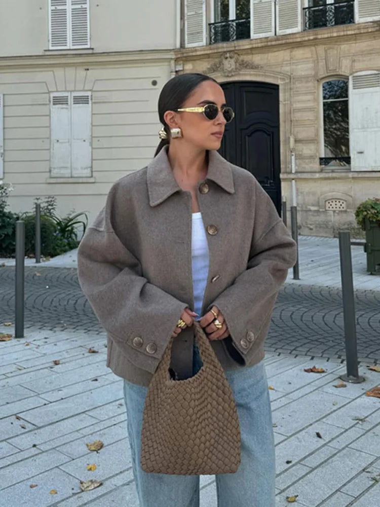 Woolmix Single-Breasted Jacket with Lapels and Pleated Pockets for Women