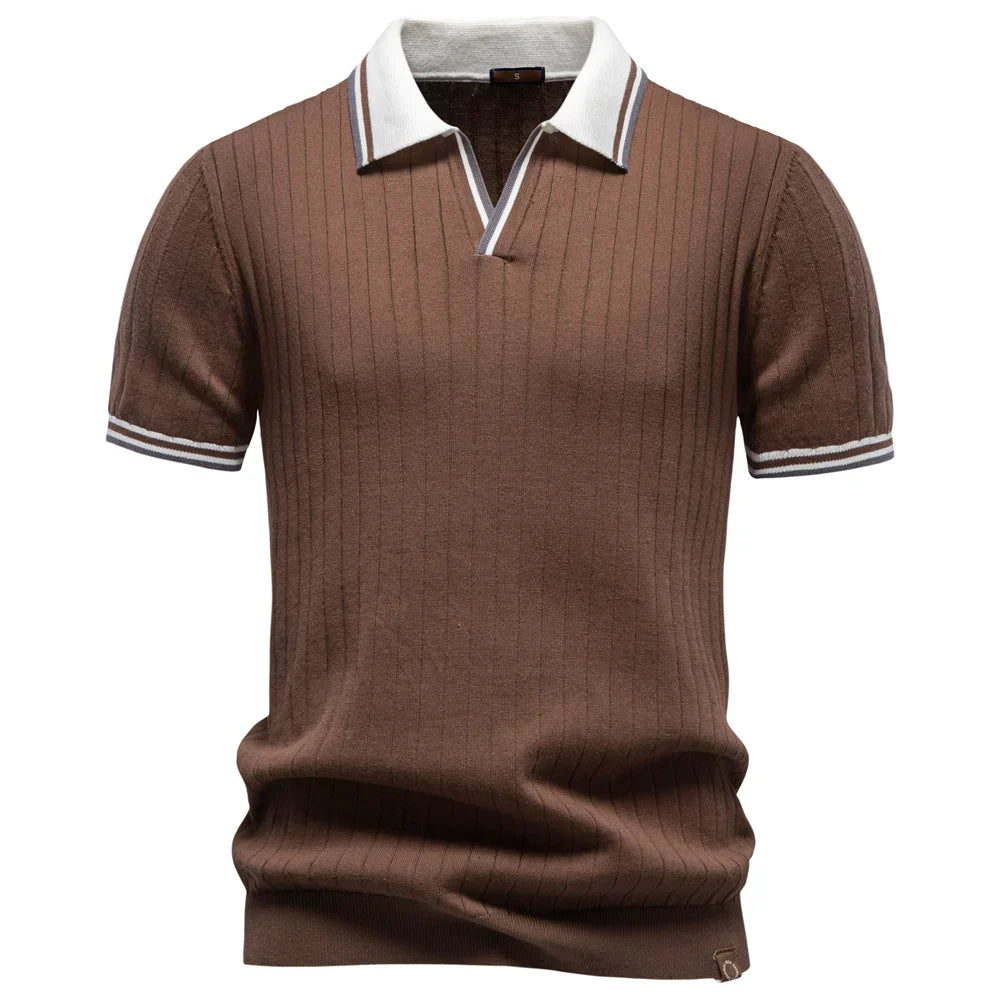 Herrepolo i bomuldstrik — kontrastkrave — retro chic stil