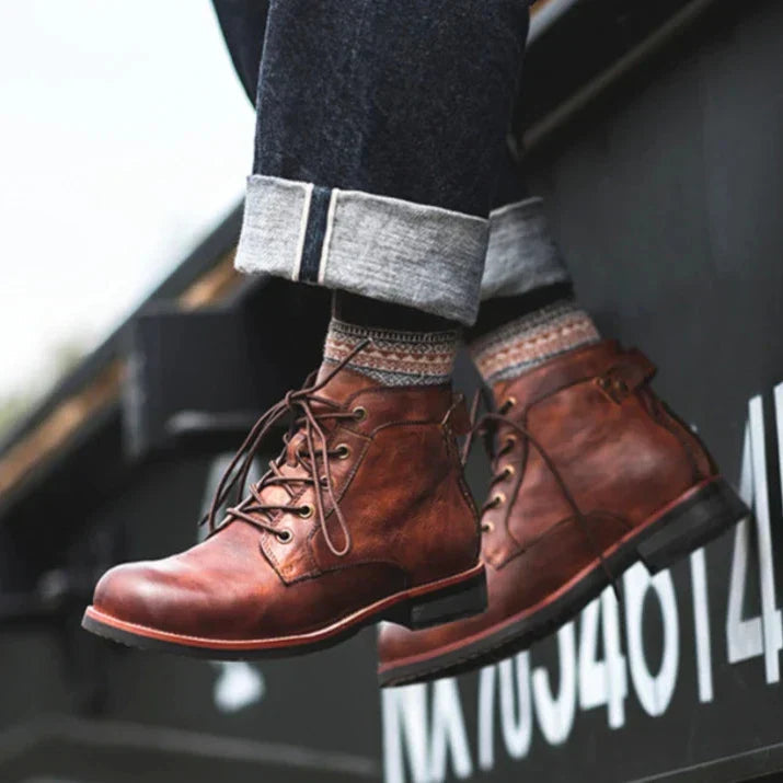Men's Everyday Leather Boots Zip and Laces Non-Slip Sole Round Toe Retro