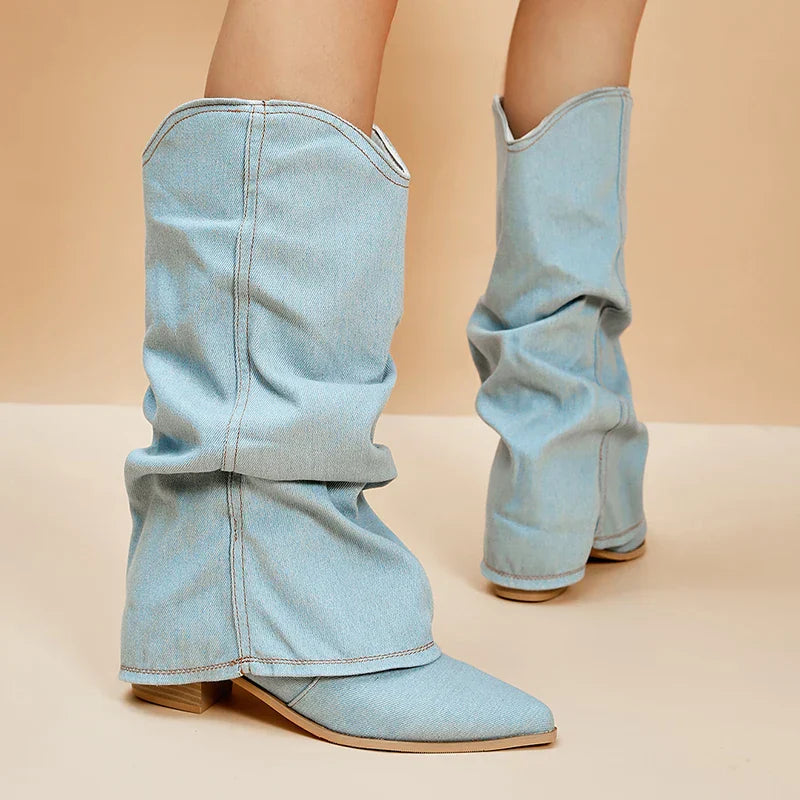 Bottes Hautes en Denim pour Femme avec Talon Bloc et Bout Pointu