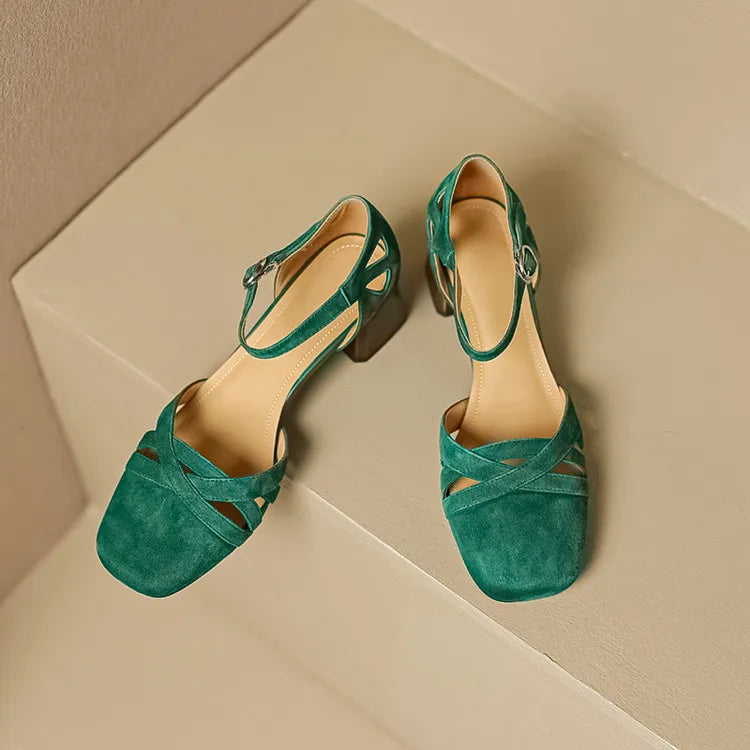 Open Sheepskin Pumps with Block Heel and Square Toe