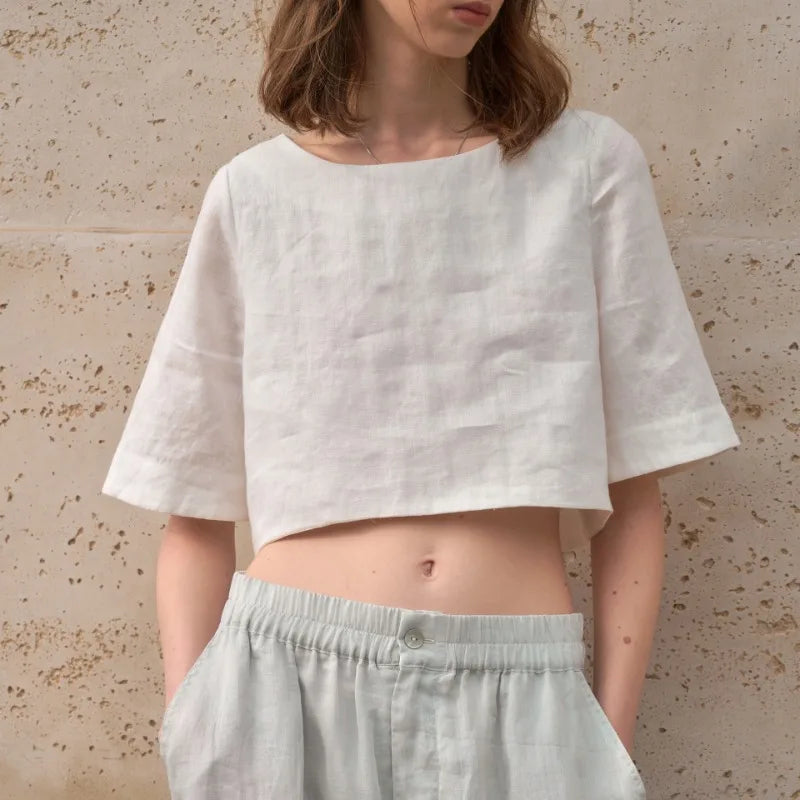 Top cropped feminino — 100% linho — corte largo e boxy — para o dia a dia