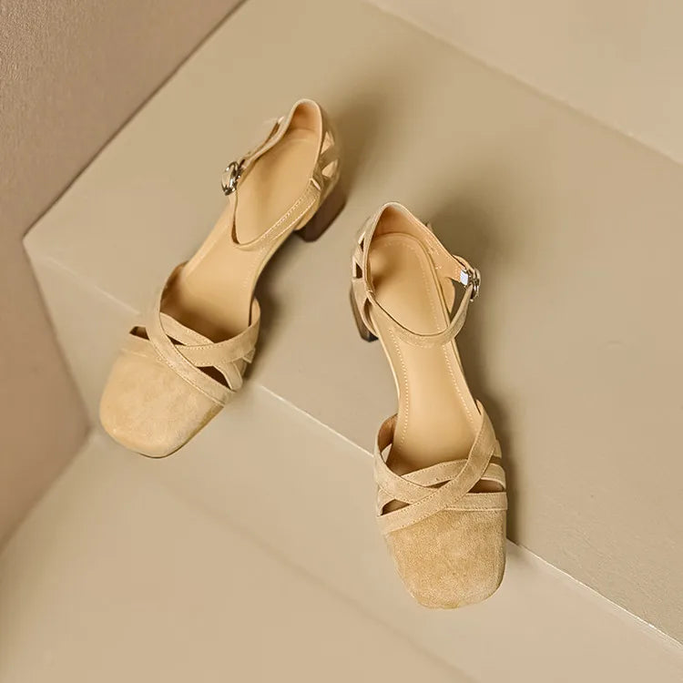 Open Sheepskin Pumps with Block Heel and Square Toe