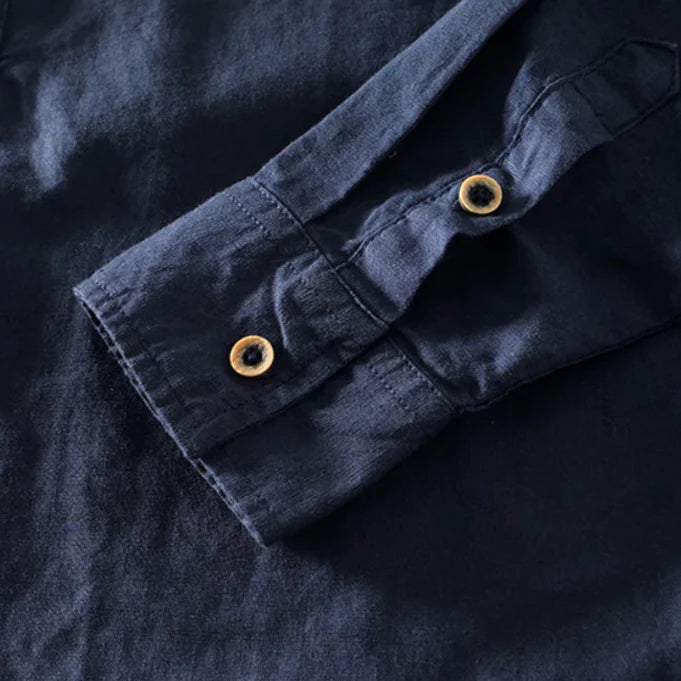 Chemise en Mélange Coton et Lin pour Homme avec Col Officier et Manches Longues