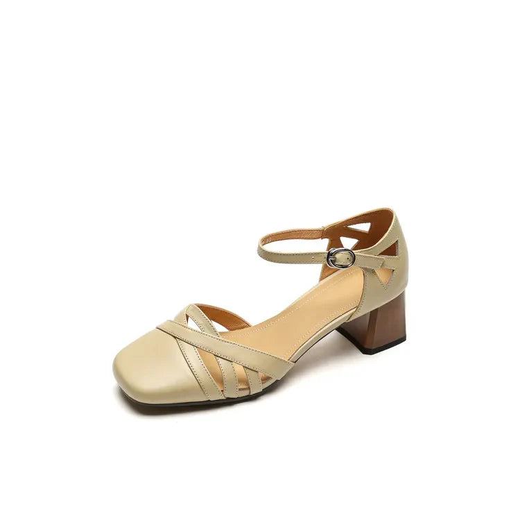 Open Sheepskin Pumps with Block Heel and Square Toe