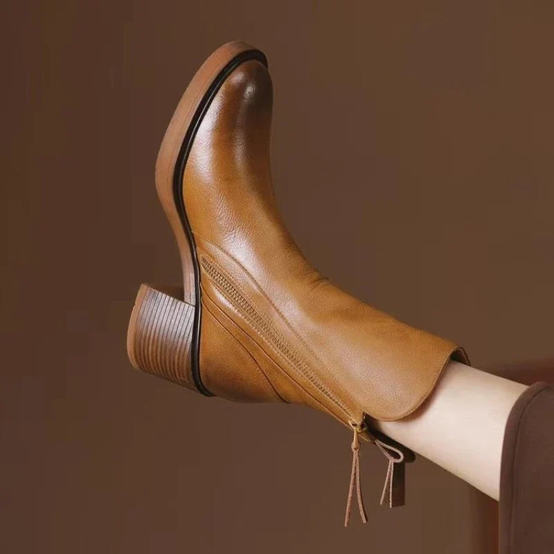 Women's Evening Heeled Ankle Boots Leather Metallic Zip Slip-Resistant Sole Comfort