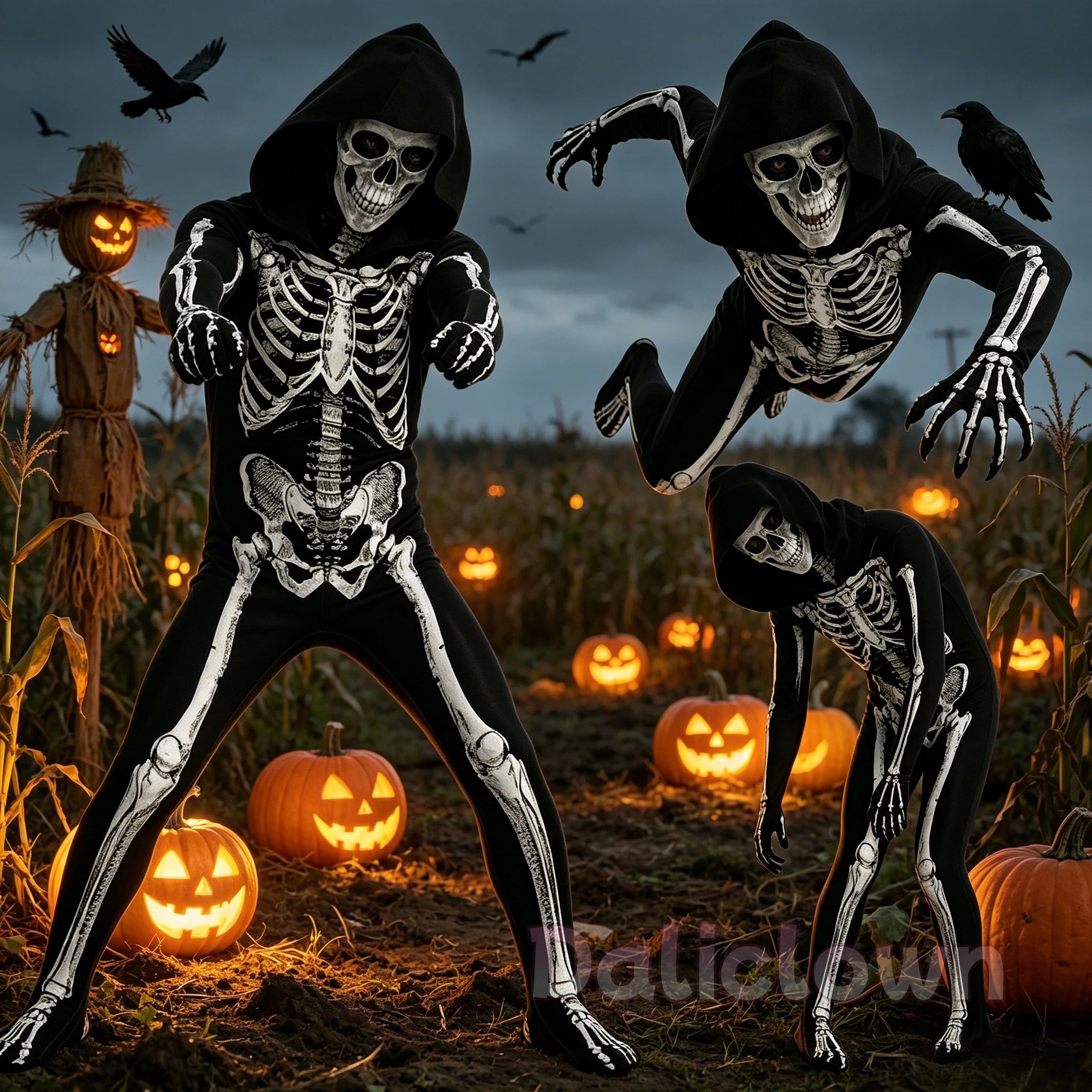 Strašidelný halloweenský cosplayový overal s kapucí a kostrou pro chlapce i dívky