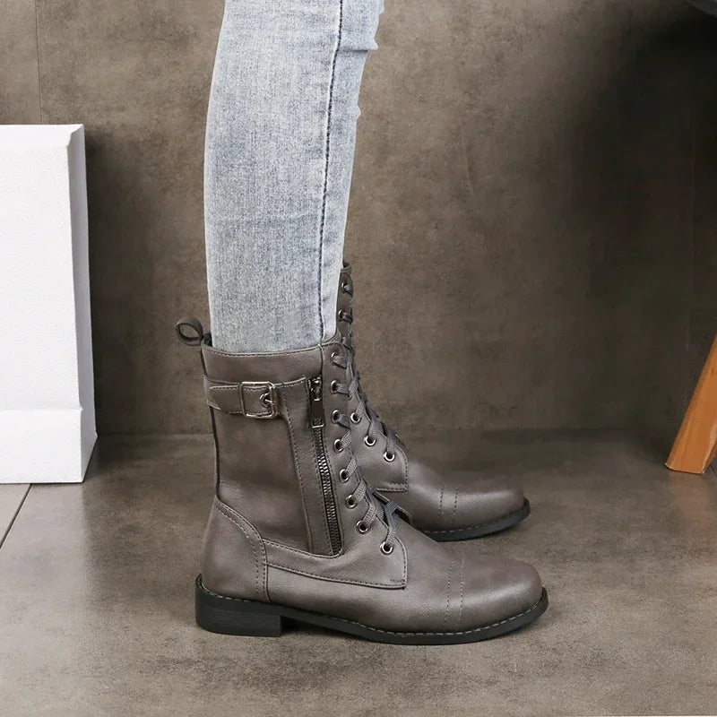 Women's Lace-Up Ankle Boots for Outings Leather Zip Durable Sole Versatile Style