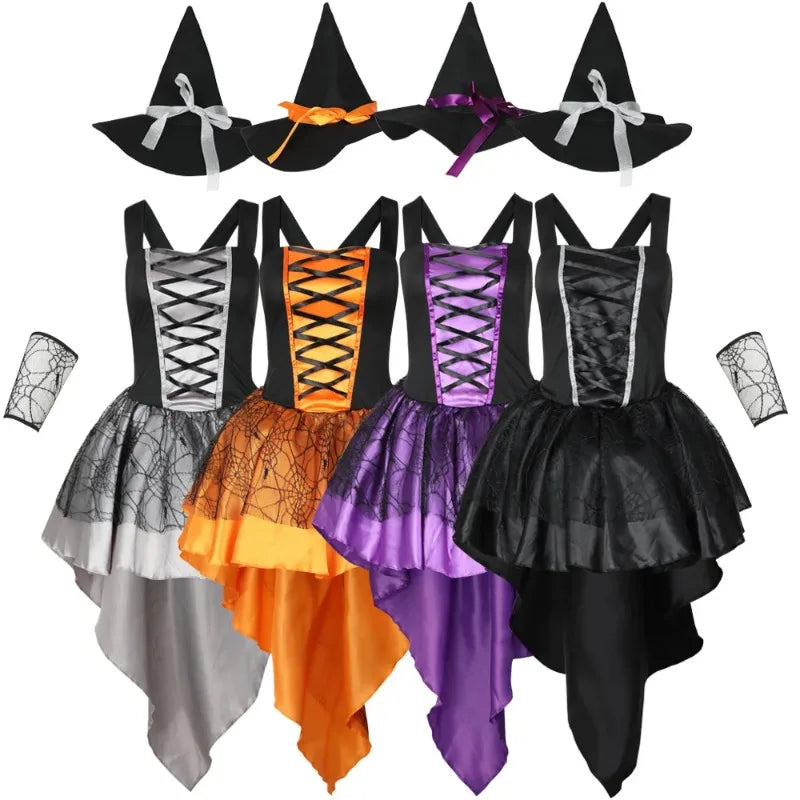 Dámské čarodějnické šaty s kloboukem na Halloween, cosplay, karneval a kostým pro dospělé