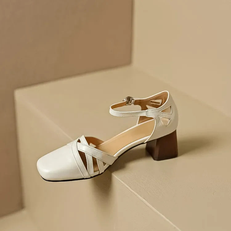 Open Sheepskin Pumps with Block Heel and Square Toe