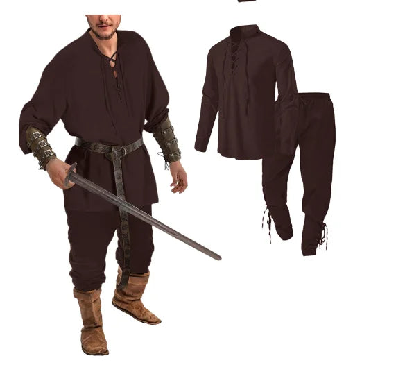 Pánský set košile a kalhot v medievalním stylu na Halloween cosplay s vikingským opaskem
