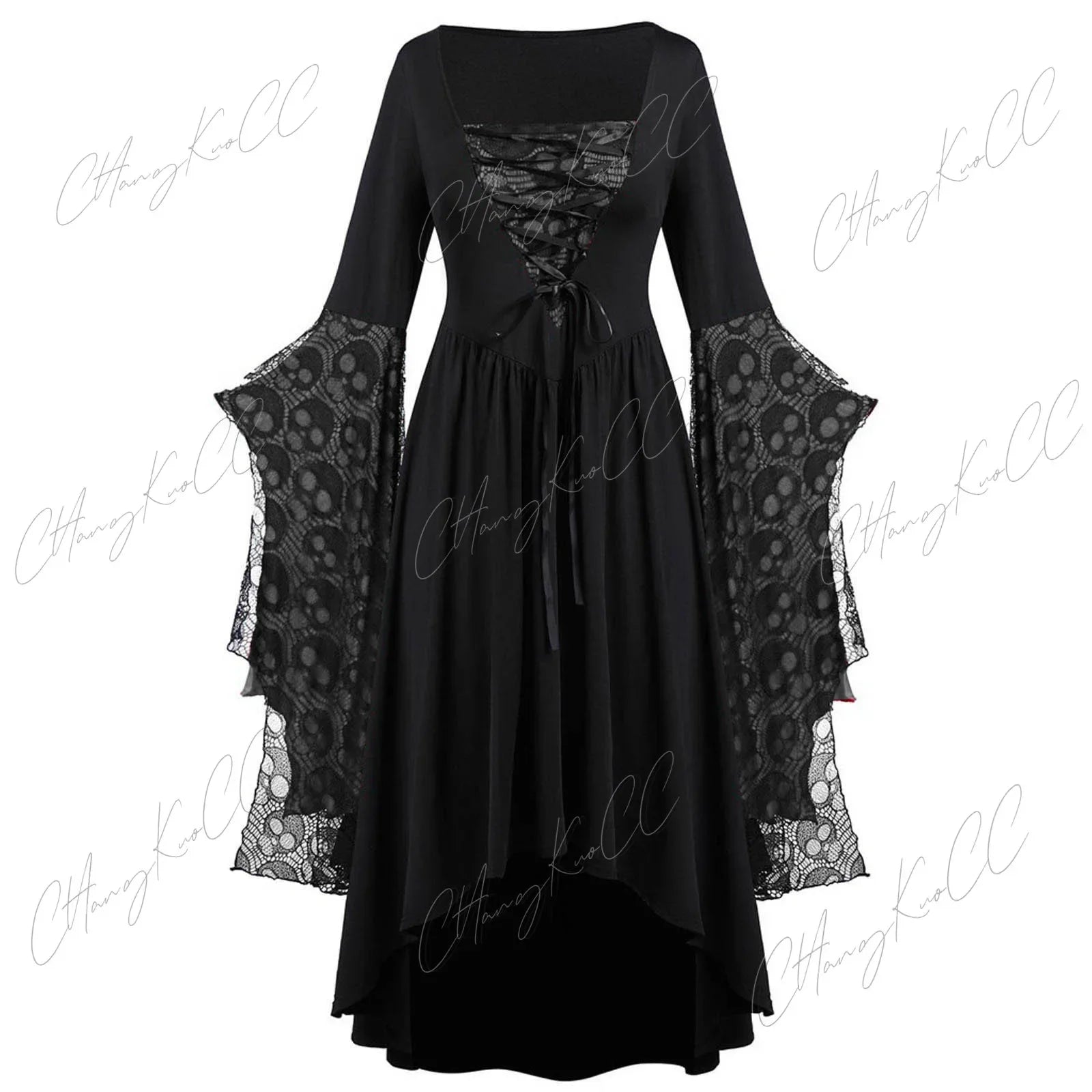 Women's Gothic Halloween Cosplay Witch Dress with Lace Sleeves for Adults