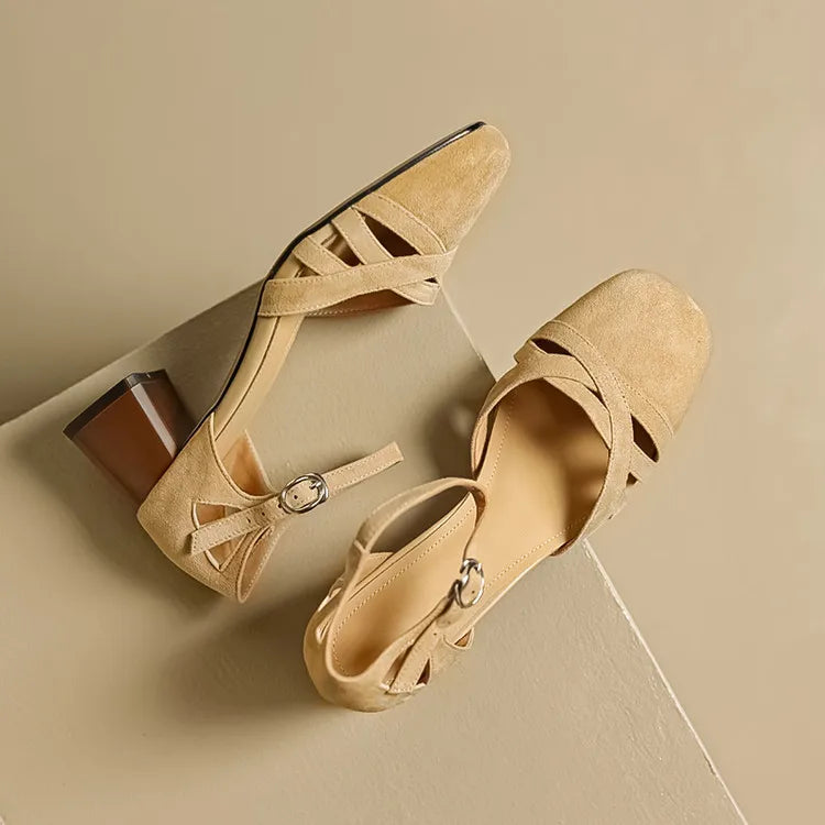 Open Sheepskin Pumps with Block Heel and Square Toe