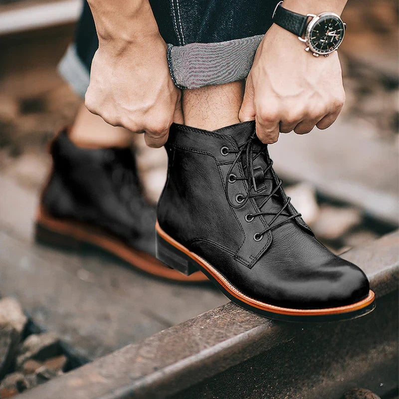 Men's Everyday Leather Boots Zip and Laces Non-Slip Sole Round Toe Retro