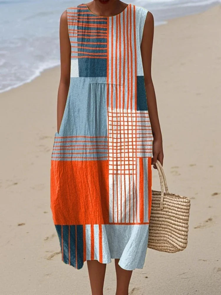 Sleeveless Midi Dress with Geometric Print