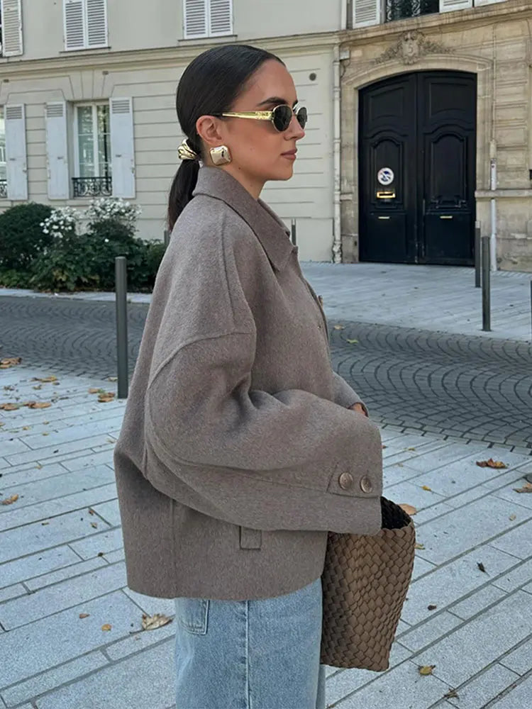 Veste Courte en Mélange de Laine à Col Rabattu et Fermeture Éclair pour Femme