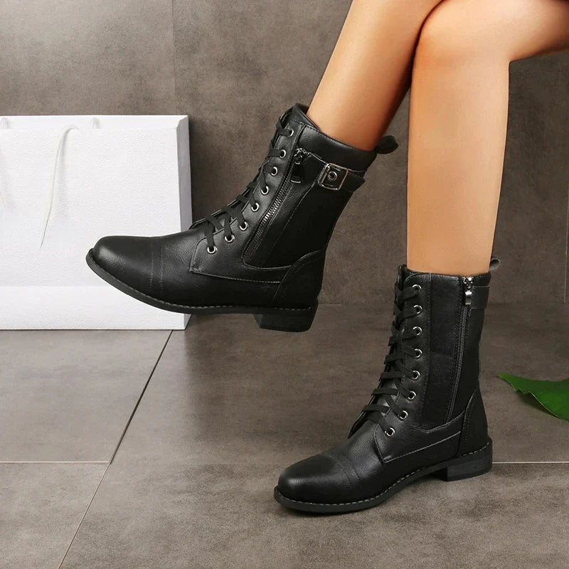 Women's Lace-Up Ankle Boots for Outings Leather Zip Durable Sole Versatile Style