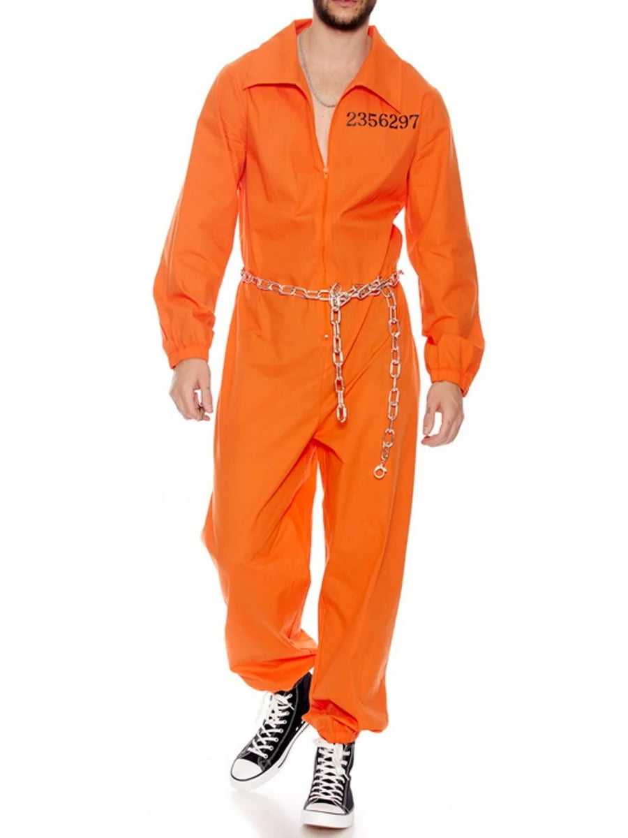 Men’s Halloween Prisoner Jumpsuit Cosplay Costume Long Sleeves