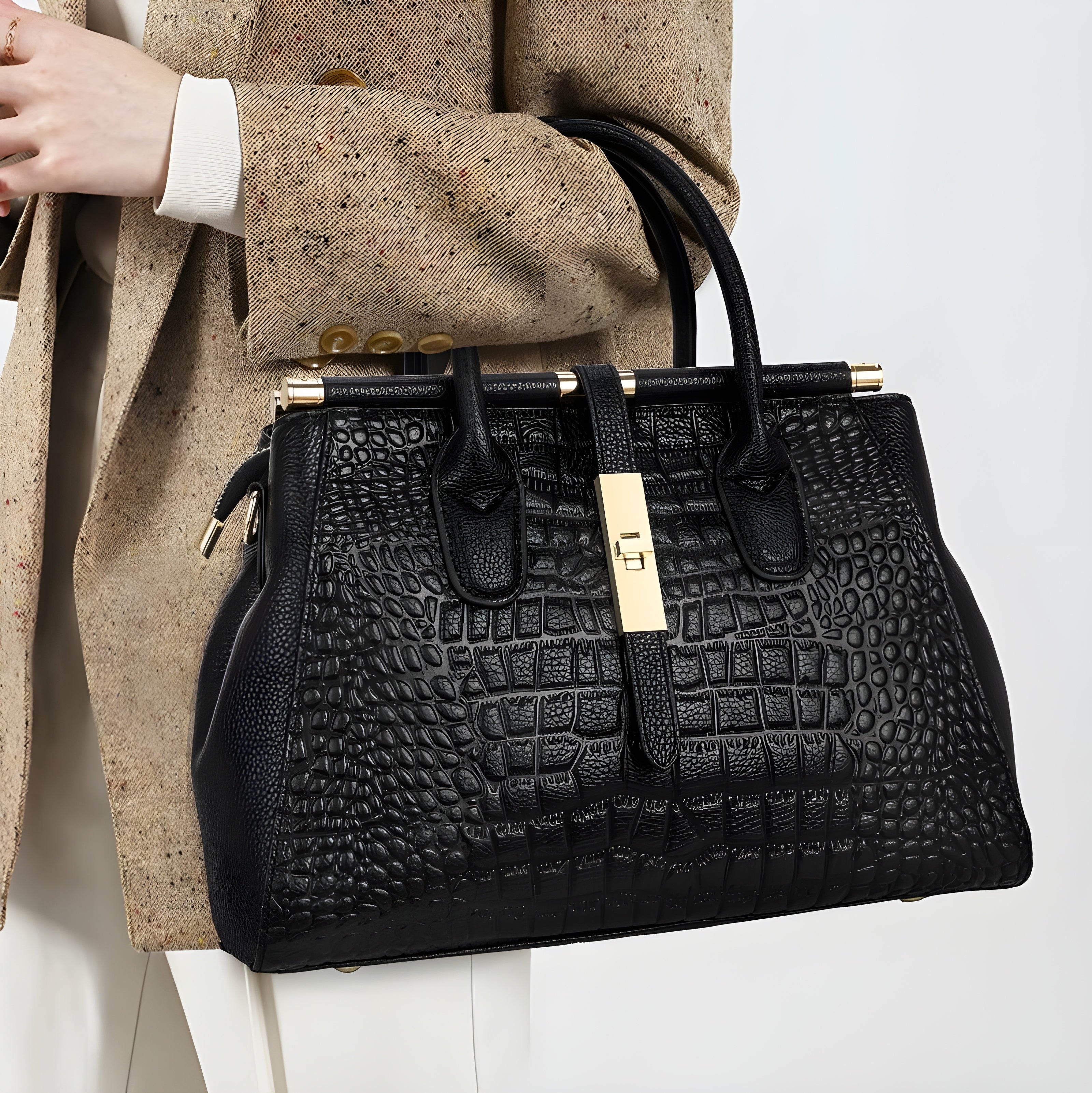 Sac à Main en Cuir Véritable pour Femme avec Motif Crocodile et Grande Capacité