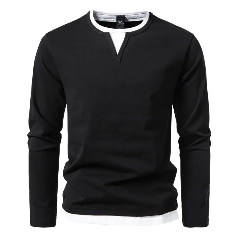 Camiseta de hombre casual de manga larga, cuello redondo, corte holgado y efecto bicolor