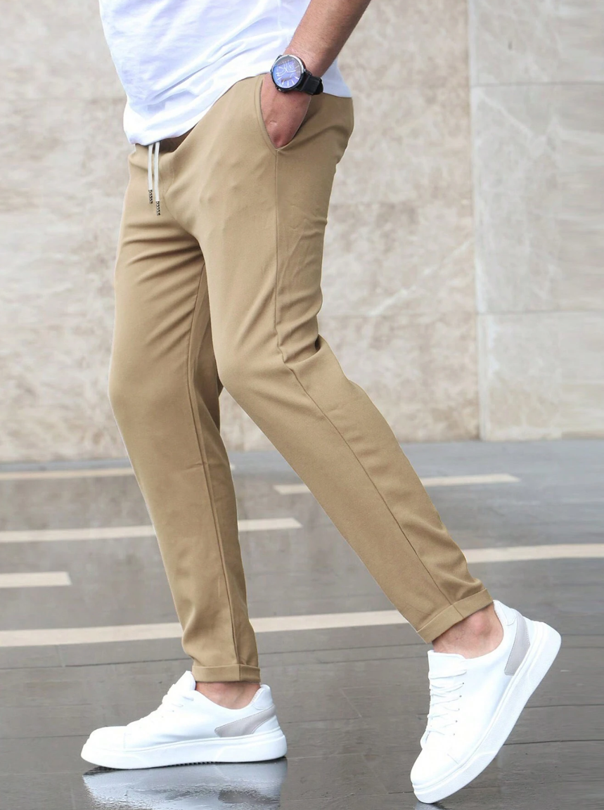 Pánské elegantní ležérní kalhoty se stahovací šňůrkou, elastickým pasem a pohodlným úzkým střihem