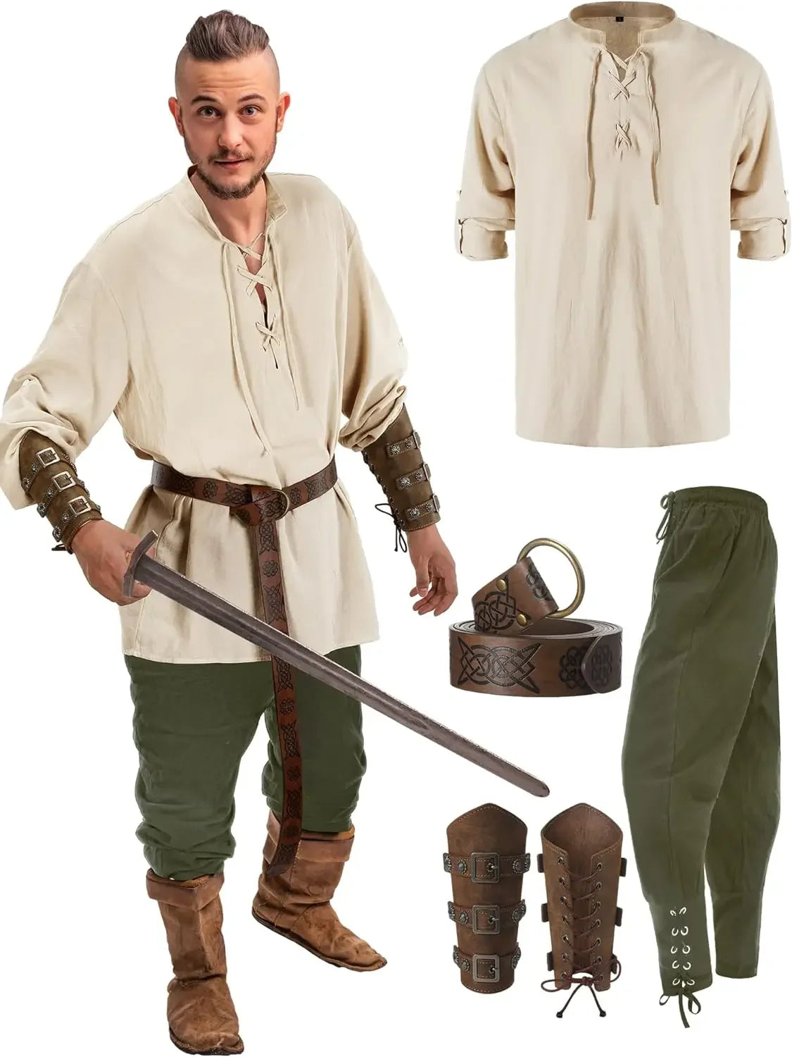 Pánský set košile a kalhot v medievalním stylu na Halloween cosplay s vikingským opaskem