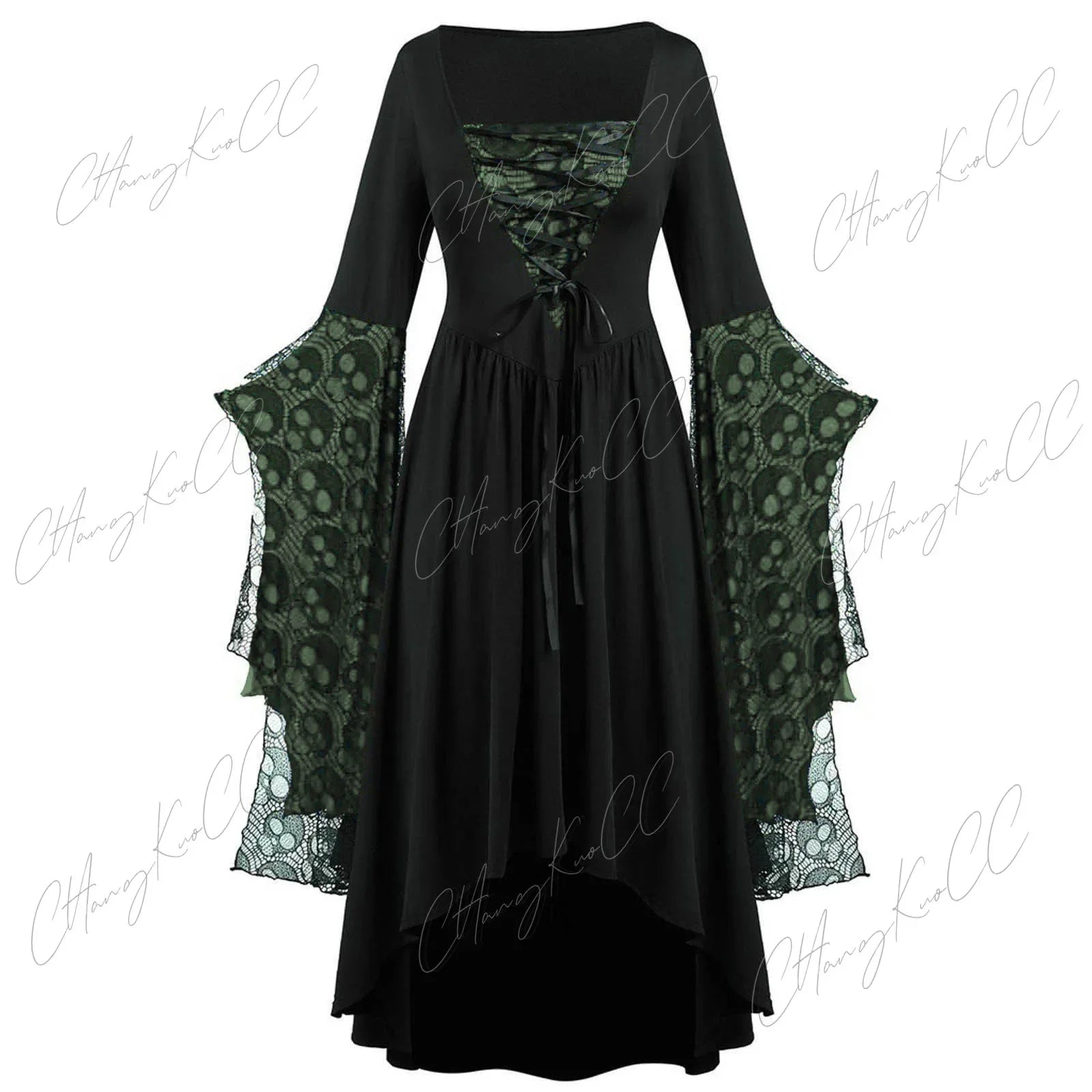 Women's Gothic Halloween Cosplay Witch Dress with Lace Sleeves for Adults