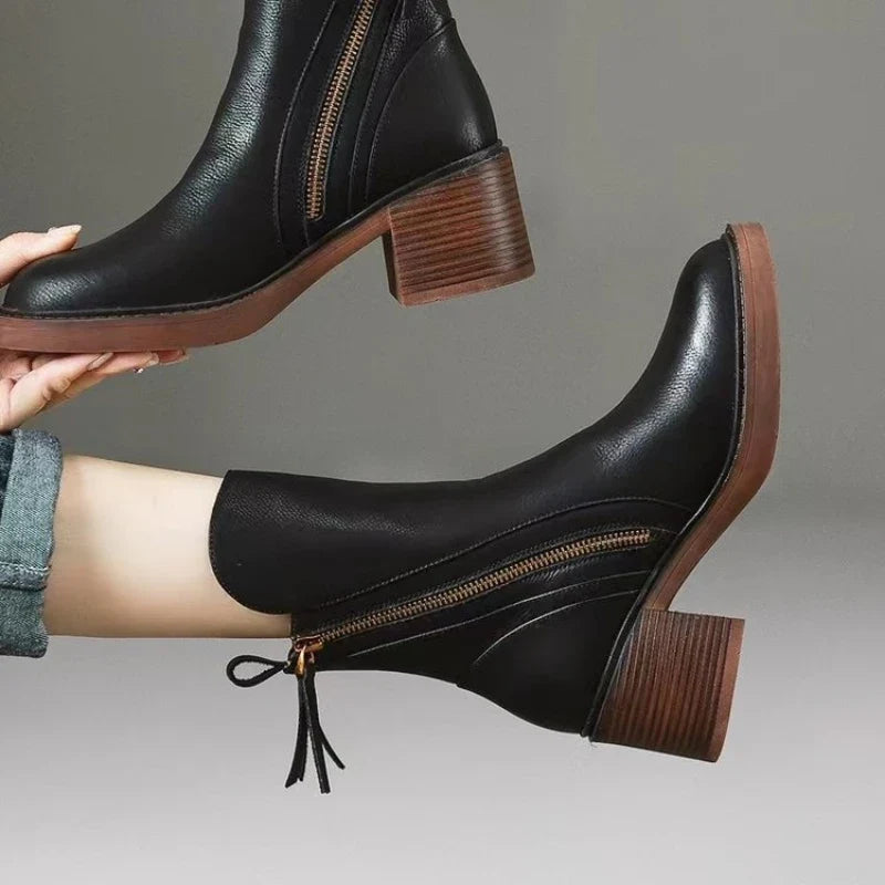 Women's Evening Heeled Ankle Boots Leather Metallic Zip Slip-Resistant Sole Comfort
