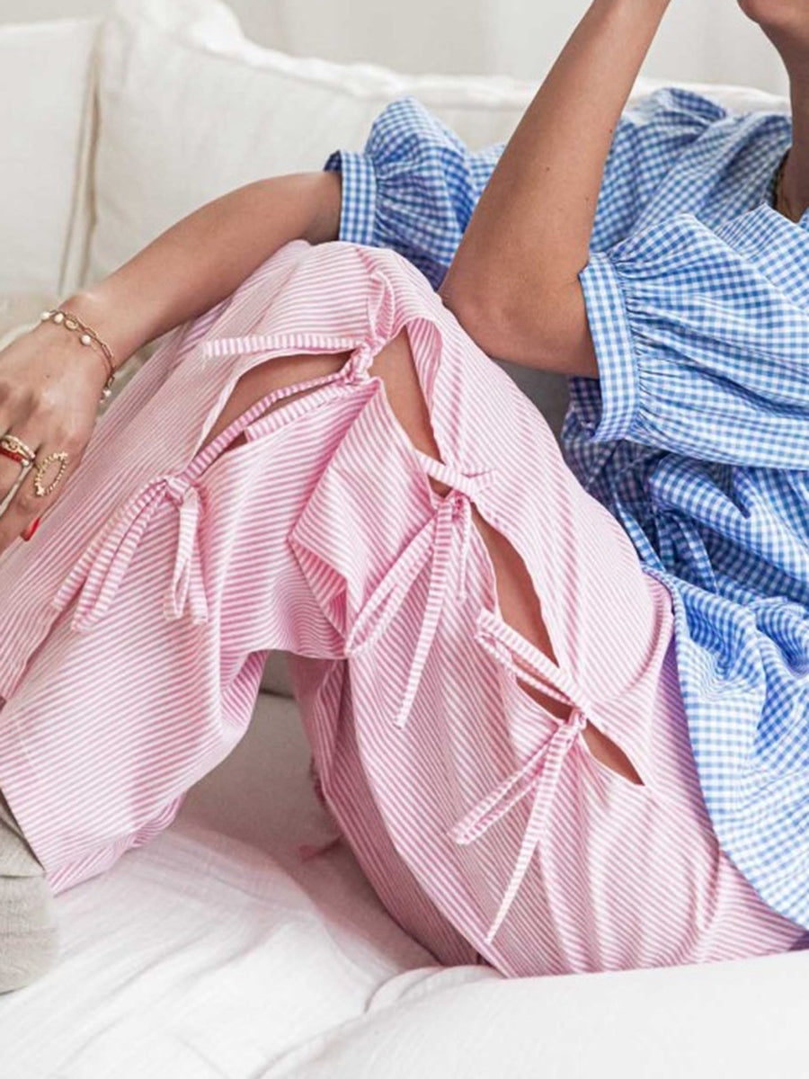 Pantalon Large à Imprimé Carreaux avec Lacets Latéraux et Taille Élastique pour Femme